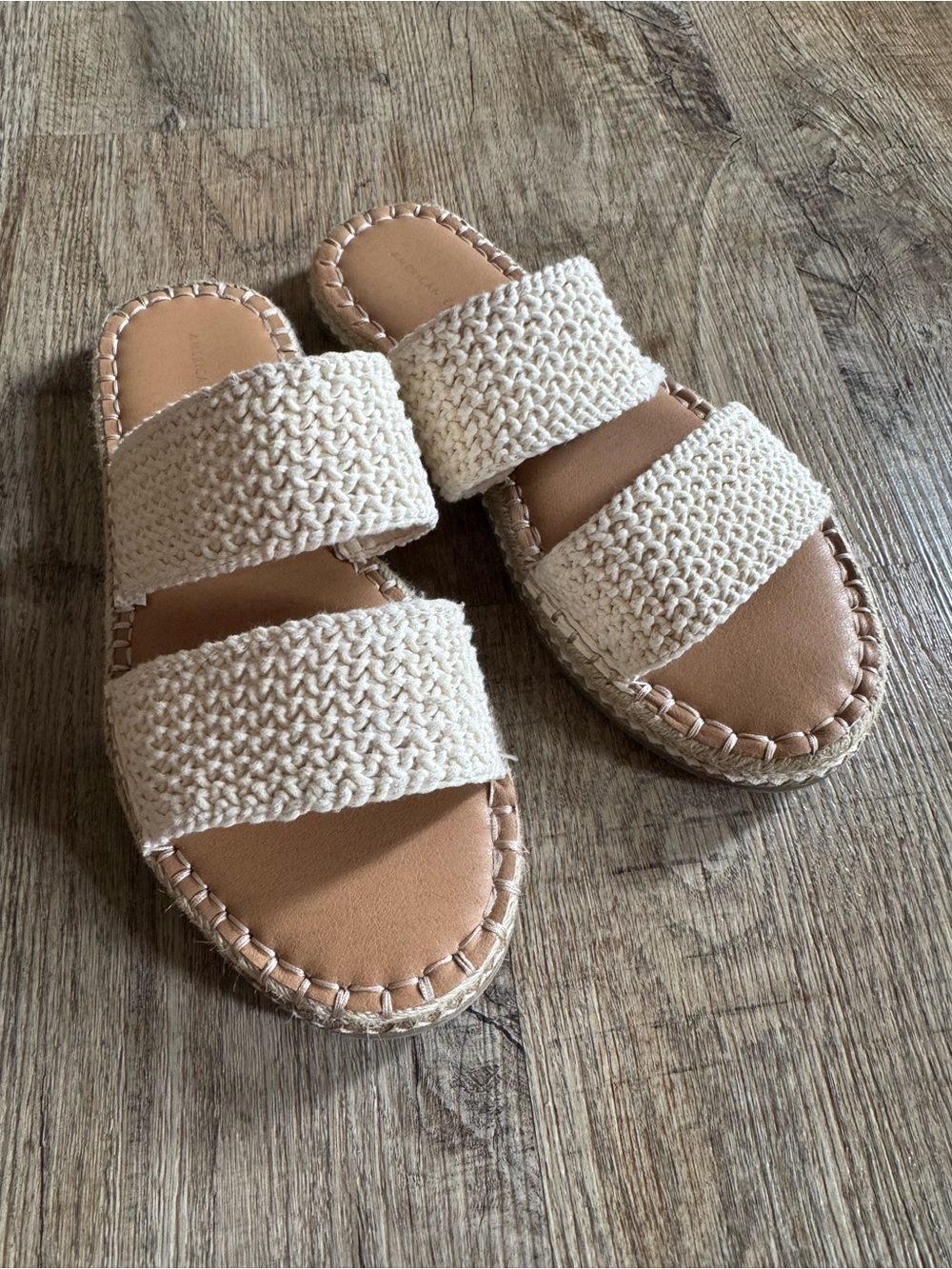American Eagle Outfitters Cream Woven Double-Band Slide Sandals